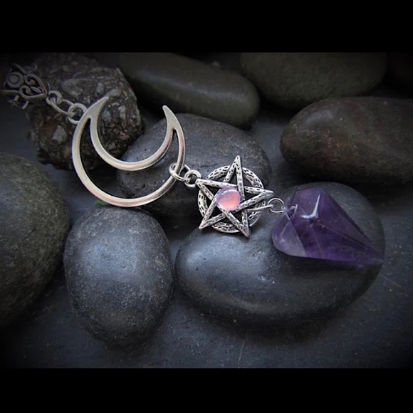 Purple Amethyst Pendulum Crescent Moon Necklace Jewelry New Witch Boho Magic - Picture 6 of 9